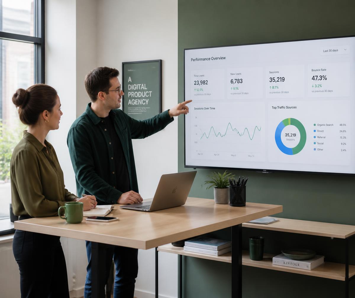Verdaia Brand strategists reviewing a performance dashboard in a bright, tidy agency office